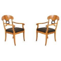 Pair of Biedermeier Style Wood and Black Upholstery Dining Armchairs