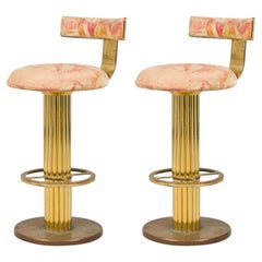 Pair of Designs for Leisure Swivel Bar Stools in Geometric Chenille Upholstery
