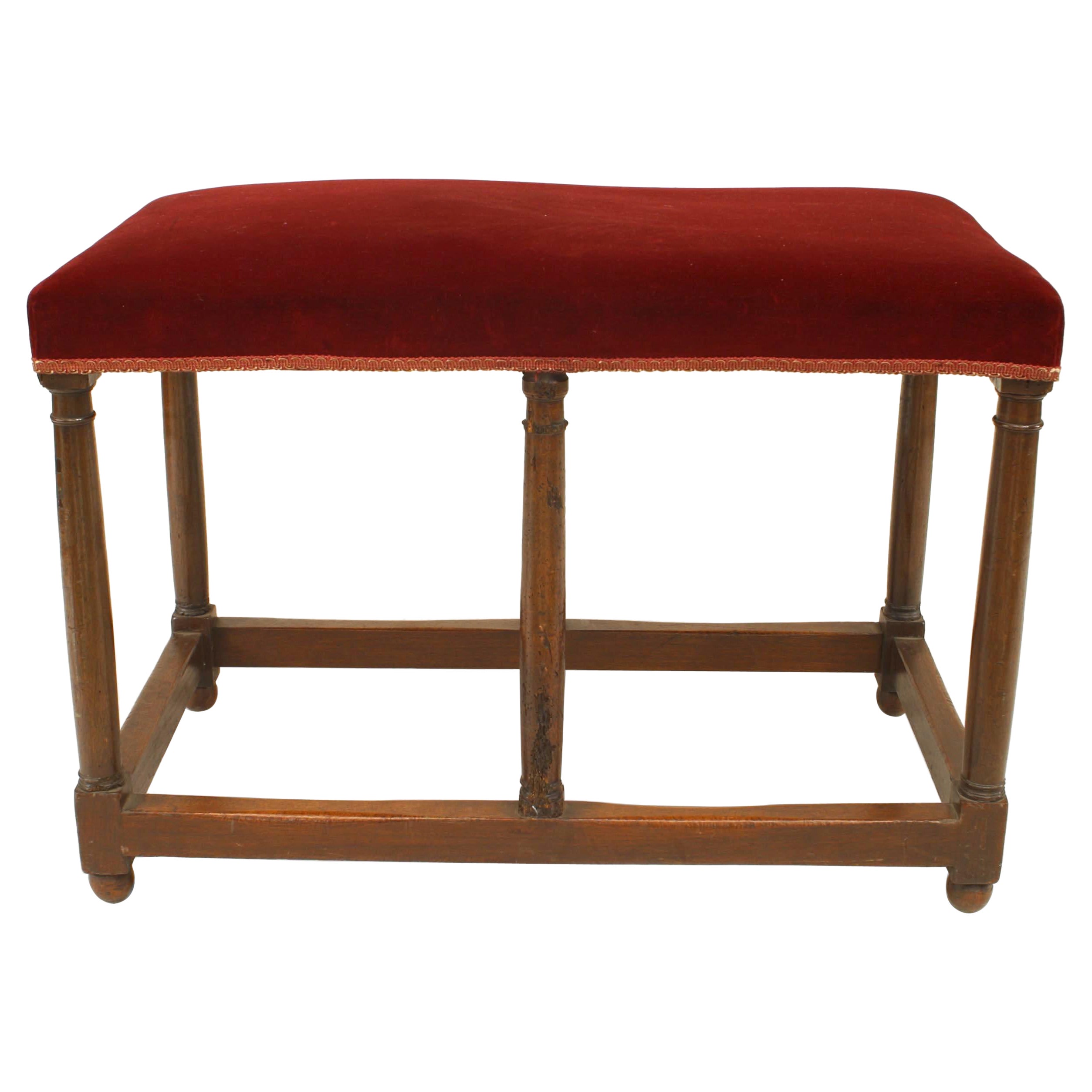 English Renaissance Style Red Velvet Walnut Bench