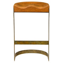 Warren Bacon Mid-Century American Brass and Wood Horseshoe Cantilever Bar Stool