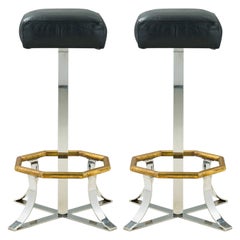 Pair of Mid-Century American Polished Chrome, Brass and Black Leather Barstools