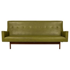 Jens Risom Danish Mid-Century Avocado Green Vinyl and Teak Upholstered Sofa