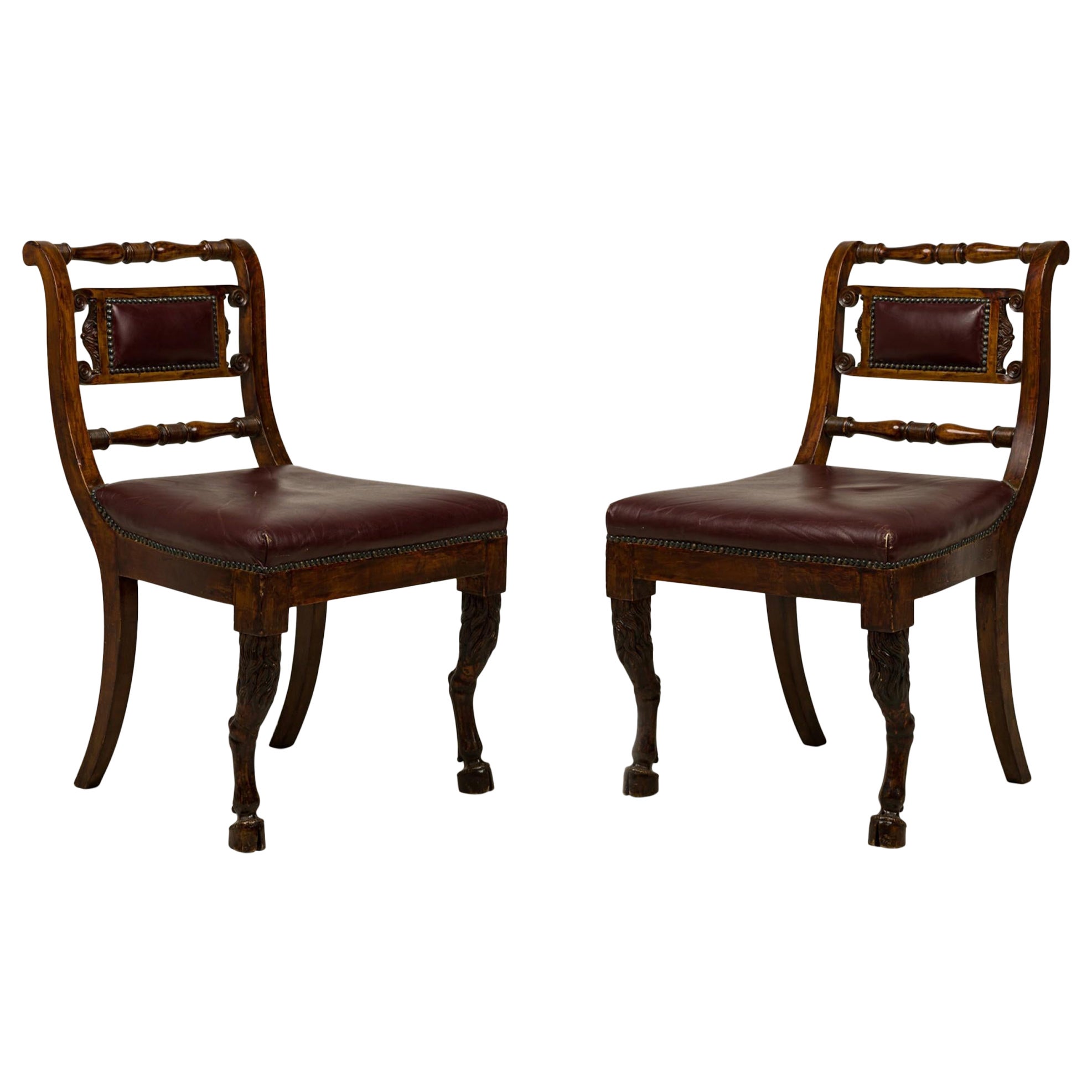 Set of 4 of Turned & Carved Mahogany Burgundy Upholstered Side Chairs
