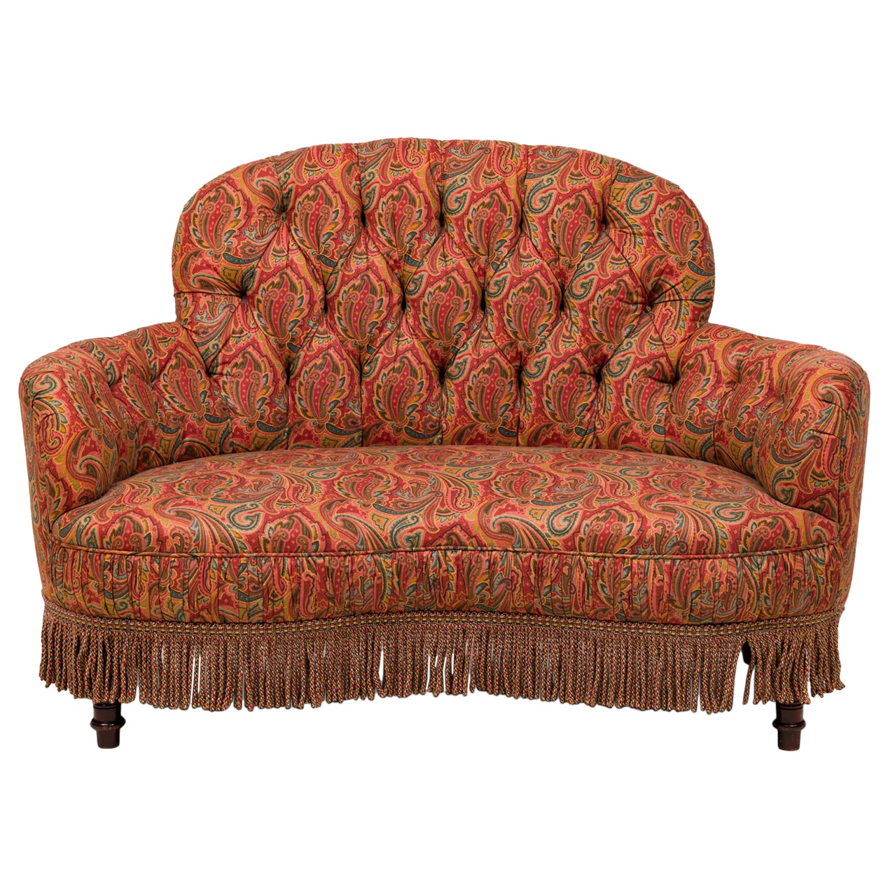 English Victorian Style Tufted Red Paisley Upholstered Rounded Back Loveseat