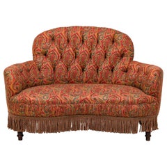 Antique English Victorian Style Tufted Red Paisley Upholstered Rounded Back Loveseat