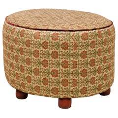 Vintage English Oval Pink & Beige Floral & Paisley Patterned Upholstered Ottoman