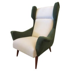 Gio Ponti Italian Mid-Century Modern Green and Beige Upholstered Wing Chair