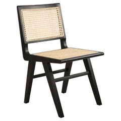 5 French Mid-Century Black Finished Wood and Cane Dining Chairs