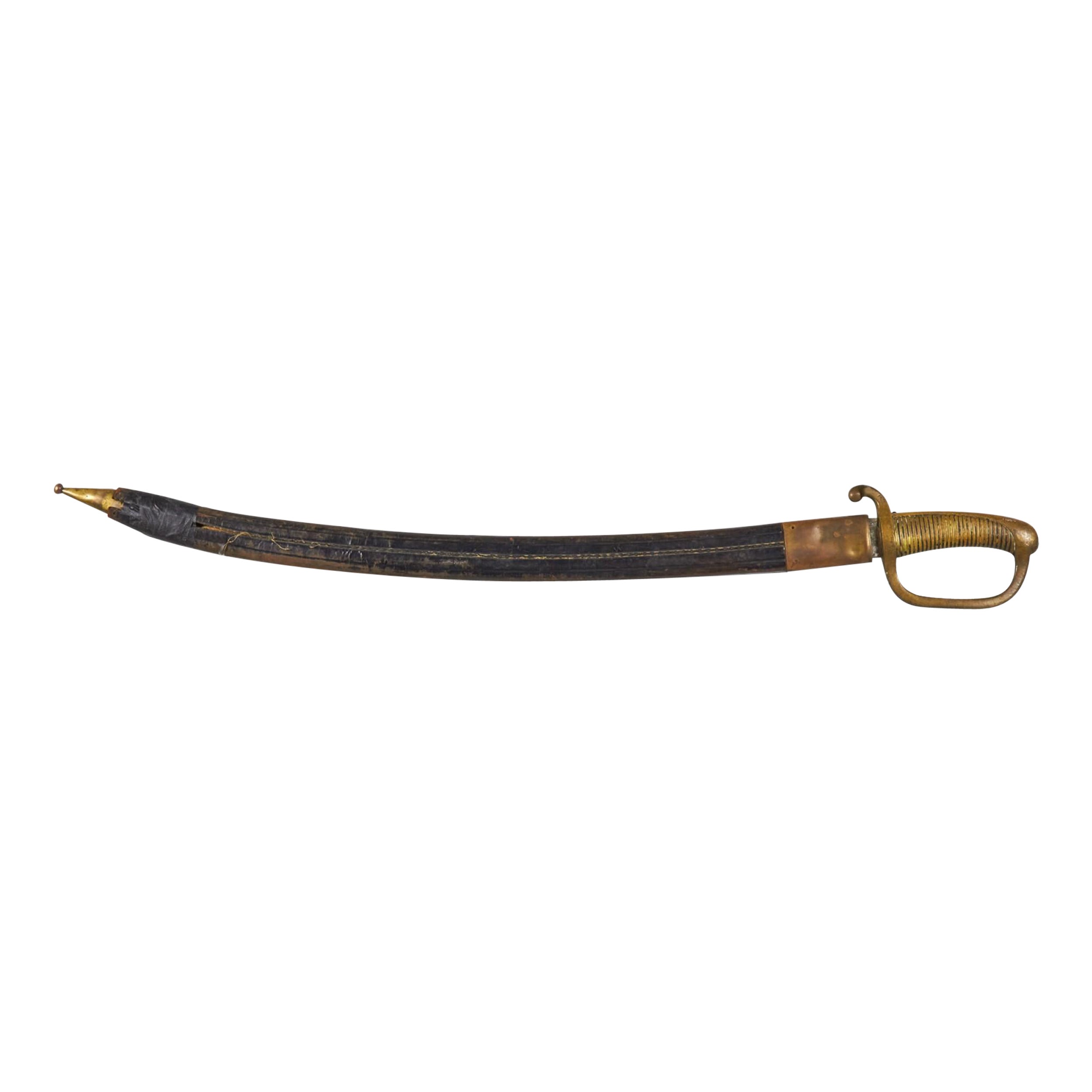 English Renaissance Curved Brass Sword and Leather Scabbard For Sale