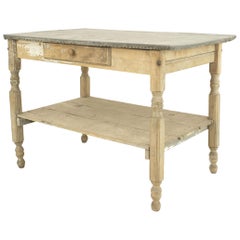 Antique American Country Rustic Stripped Work Table with Zinc Top