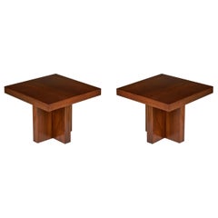 Pair of Milo Baughman Walnut Cruciform Base Side / End Tables