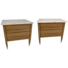 Pair of Grey Cerused and Travertine Marble Top Nightstands, Merton Gershun