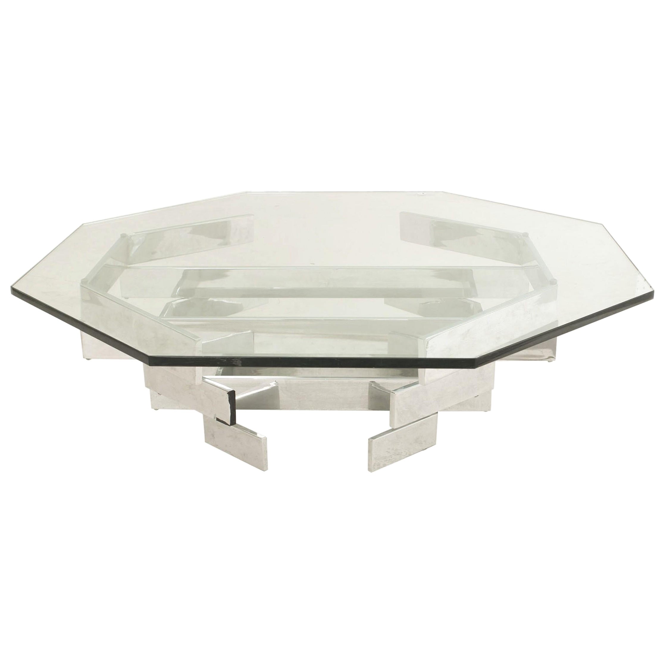 American Modern Achteckiger Couchtisch aus Chrom und Glas