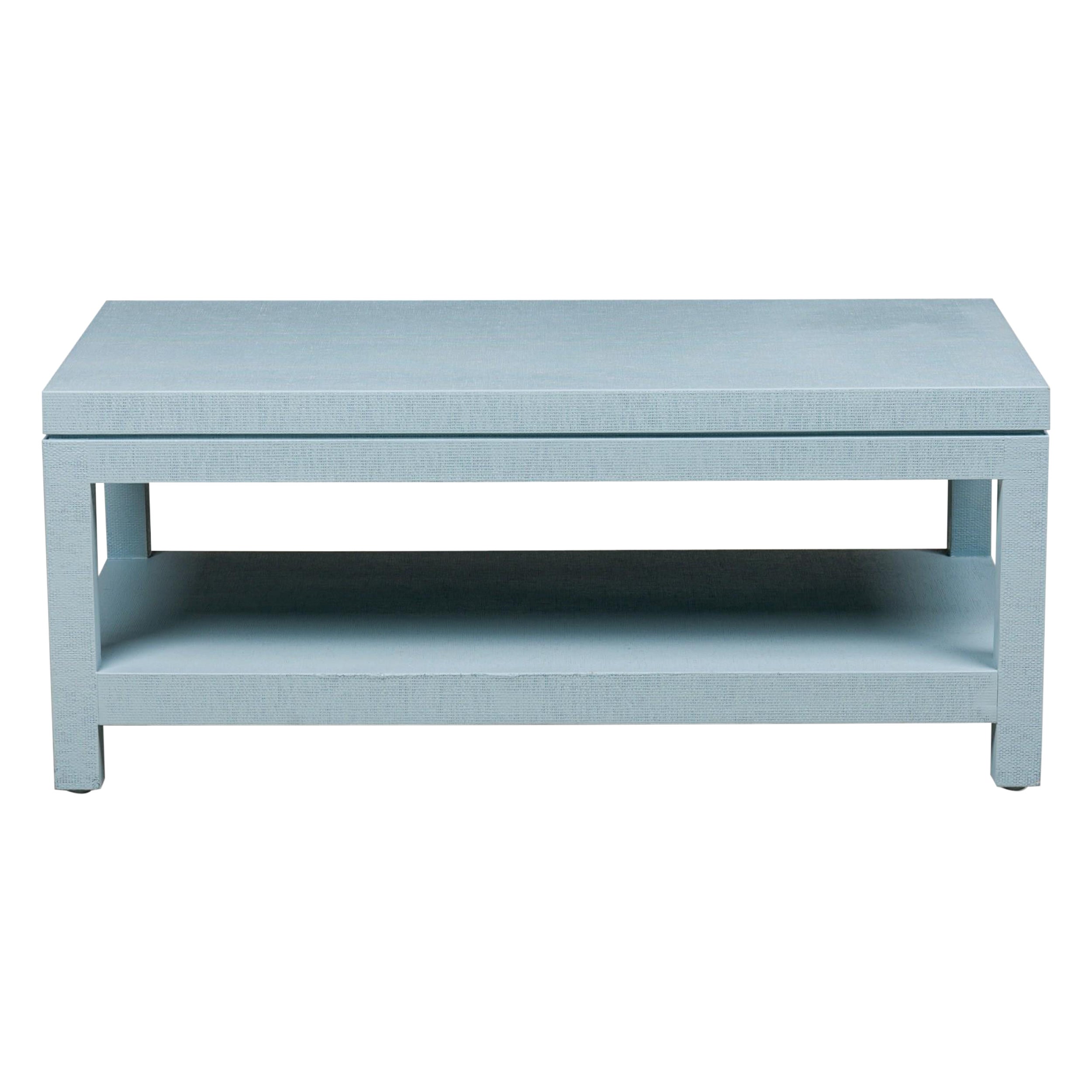 Table basse de style asiatique enveloppée de raphia bleu ciel avec réverbère