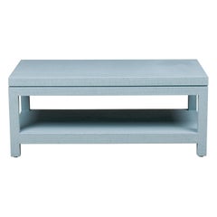 Vintage Asian Style Sky Blue Colored Raffia Wrapped Coffee Table With Reveal