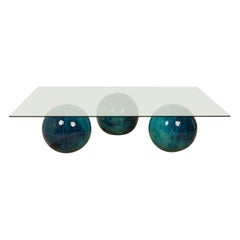 Contemporary Large Rectangular Clear Glass and Blue Ceramic Sphere Coffee Table