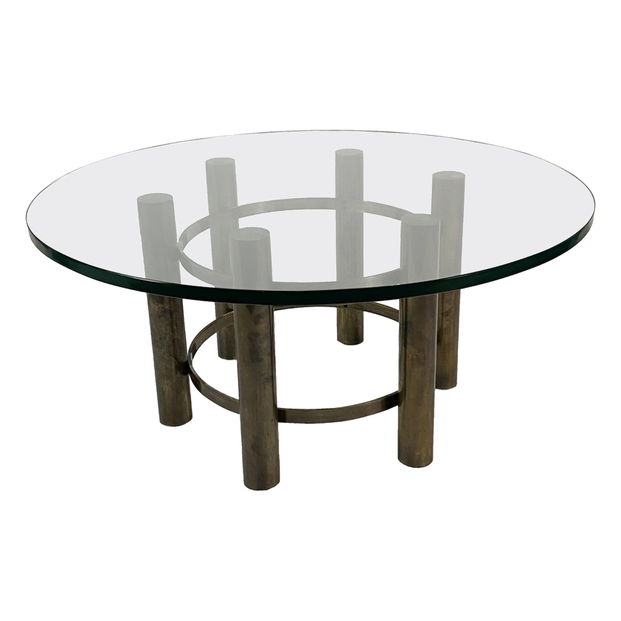 Runder Couchtisch mit Glasplatte und Bronzefuß