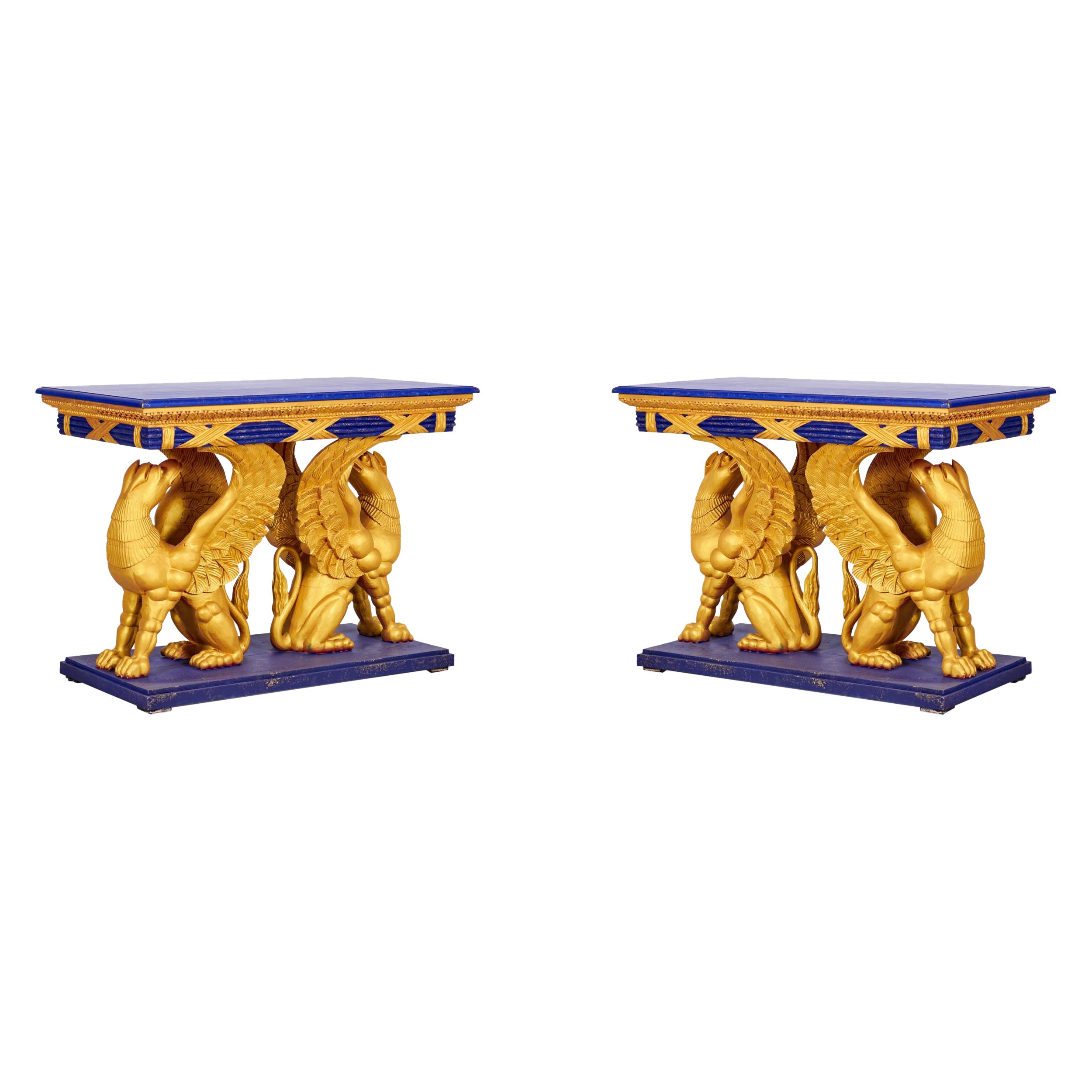 Pair of English Regency Style Gilt Eagle Base and Faux Blue Stone Console Tables