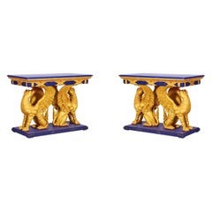 Pair of English Regency Style Gilt Eagle Base and Faux Blue Stone Console Tables