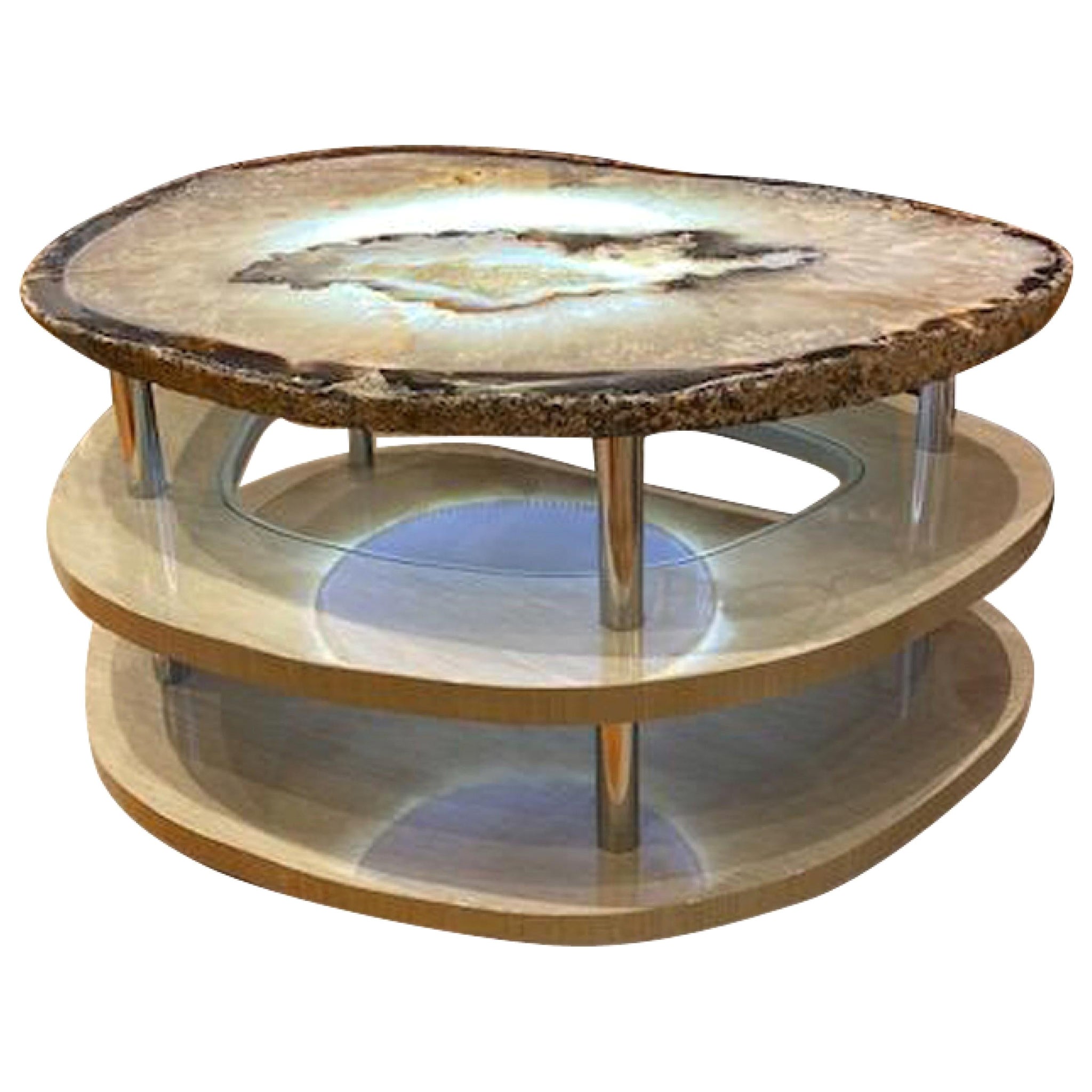 Table basse contemporaine en acier et agate grise illuminée Roric Tobin en vente
