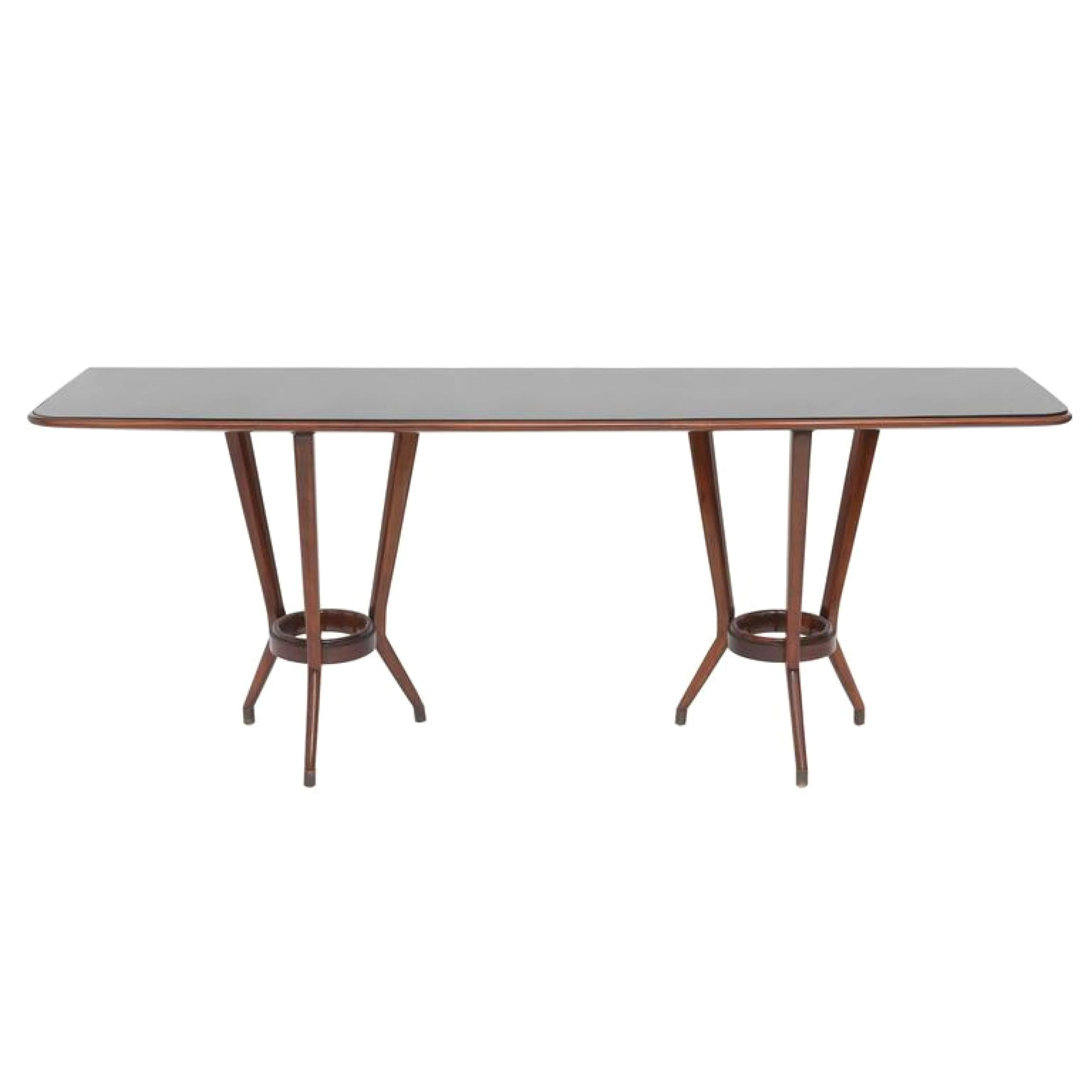 Tavolo consolle moderno italiano in mogano, ottone e vetro nero, Guglielmo Ulrich