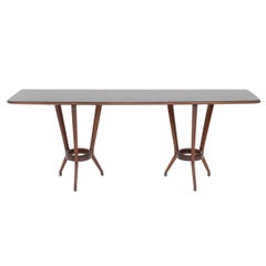 Tavolo consolle moderno italiano in mogano, ottone e vetro nero, Guglielmo Ulrich