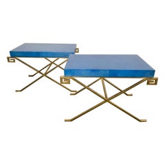 Pair of Karl Springer Ltd. JMF Greek Key Tables w/ Lapis Goatskin Tops