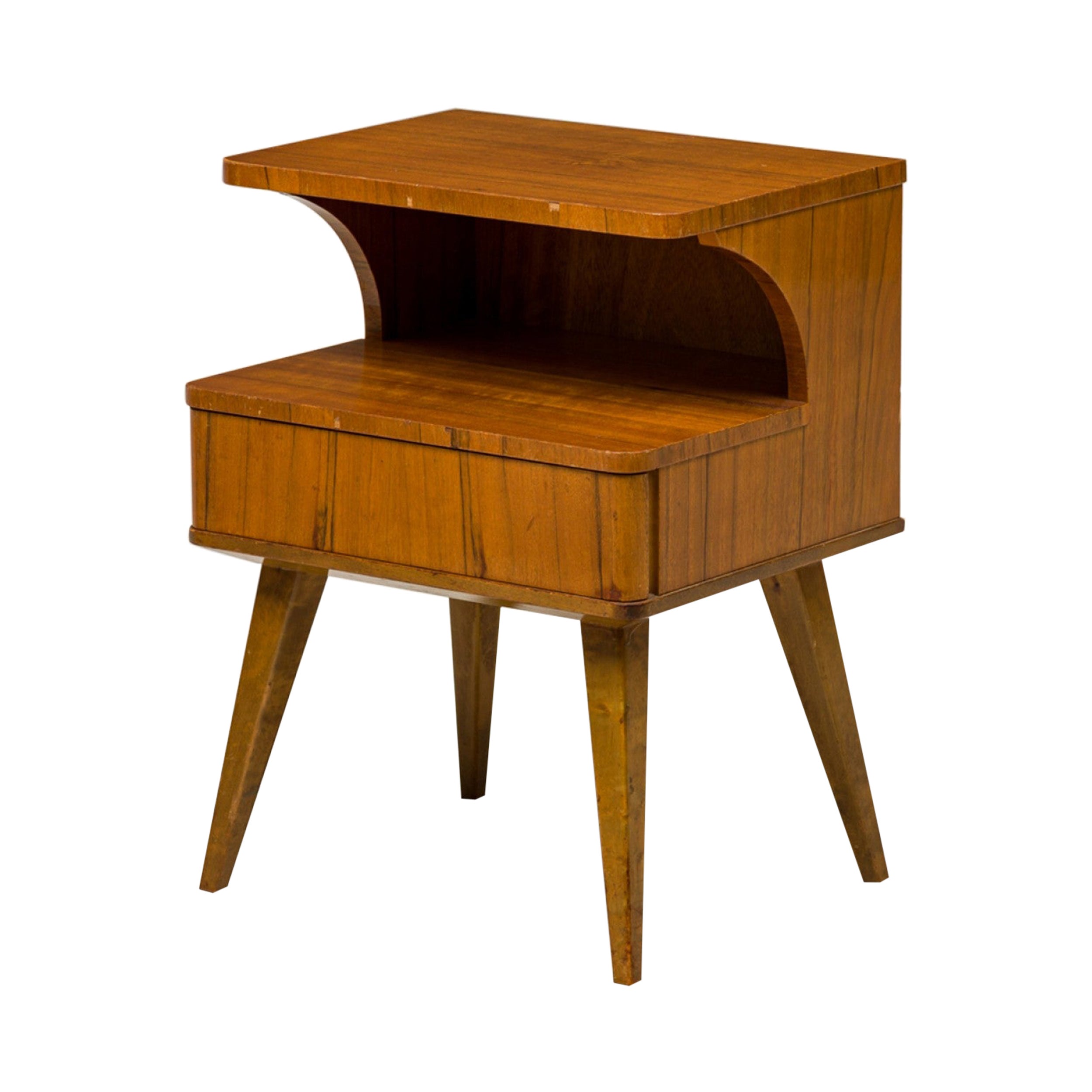 Pair of Mid-Century American 2-Tiered Walnut Nightstands with Pullout Drawers For Sale