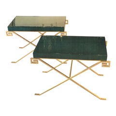 Pair of Karl Springer Ltd. JMF Greek Key Tables w/Emerald Goatskin Tops