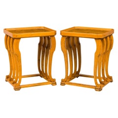 Pareja de mesas francesas de nogal burilado y madera de frutal