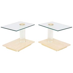 Pair of American Modern Travertine Marble, Lucite and Glass Tables Lion in Frost