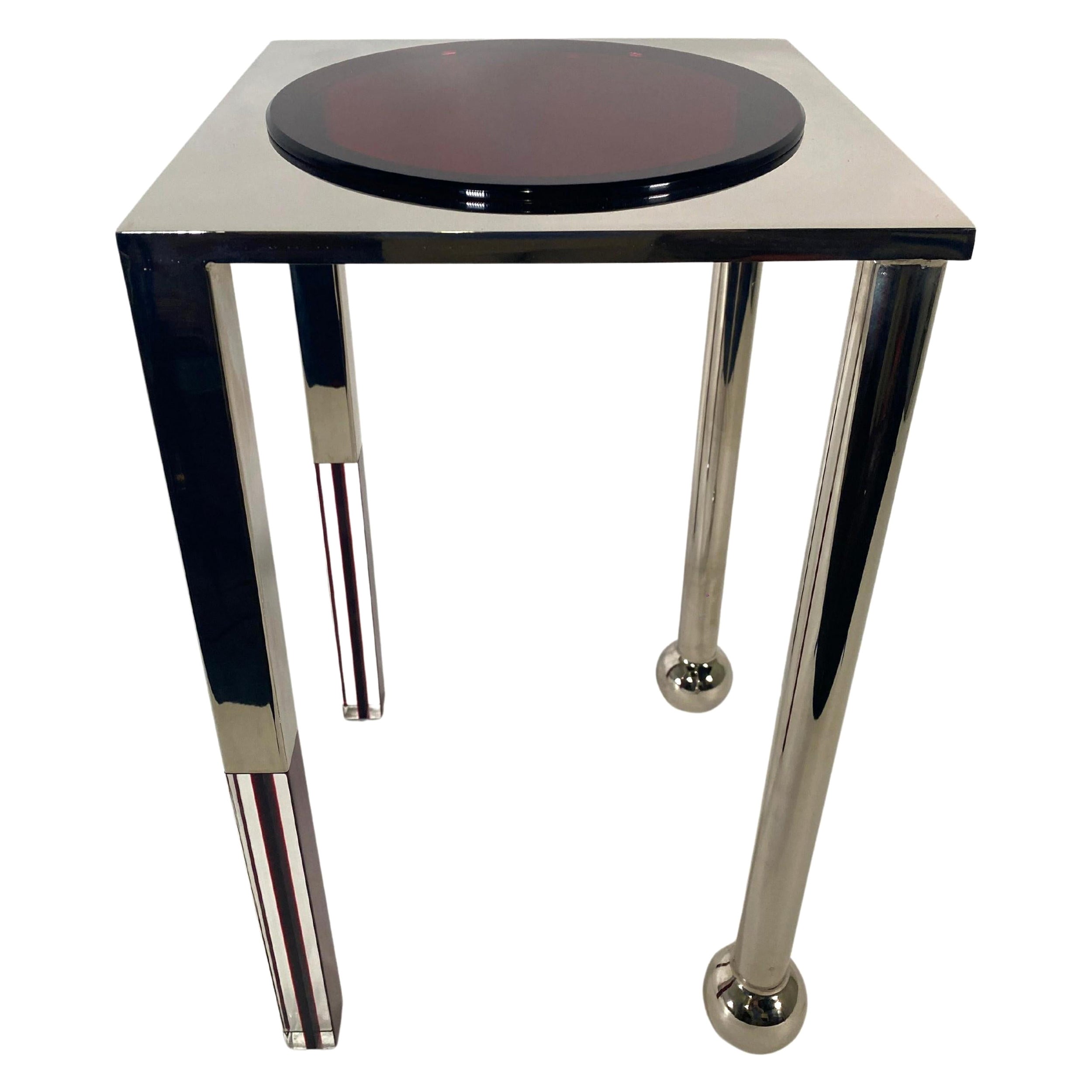 Amerikanischer moderner Tisch „SUN“ aus poliertem Nickel und rotem Lucite, Charles Hollis Jones