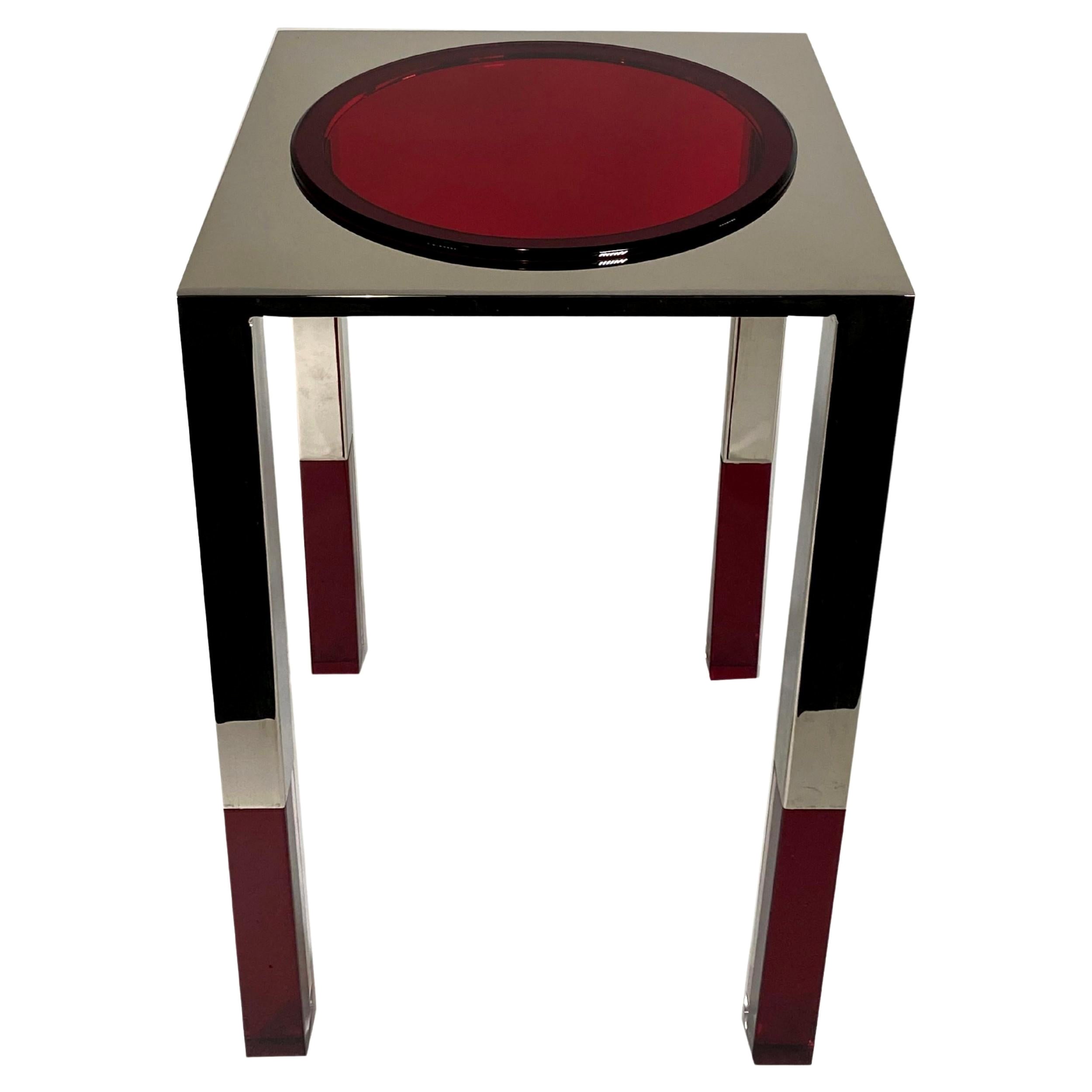 Amerikanischer moderner Tisch aus poliertem Nickel und Lucite, Charles Hollis Jones im Angebot