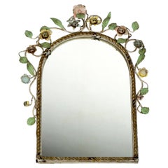 Gorgeous 1950s Vintage Floral Italian Painted Tole Flower Wall Mirror, Italy