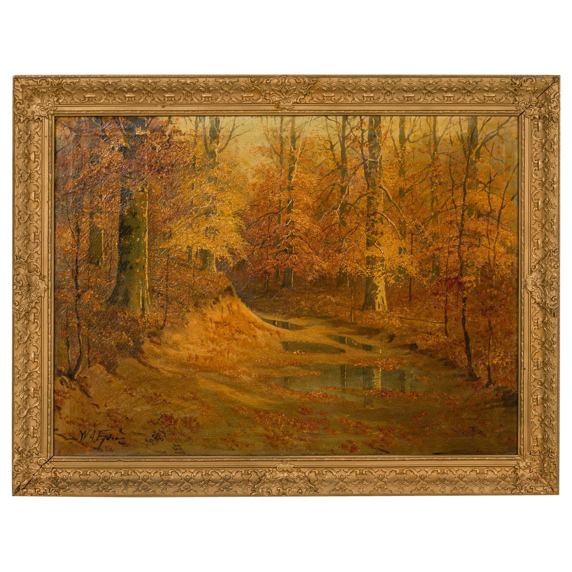 Paisaje victoriano americano de una escena otoñal en el bosque