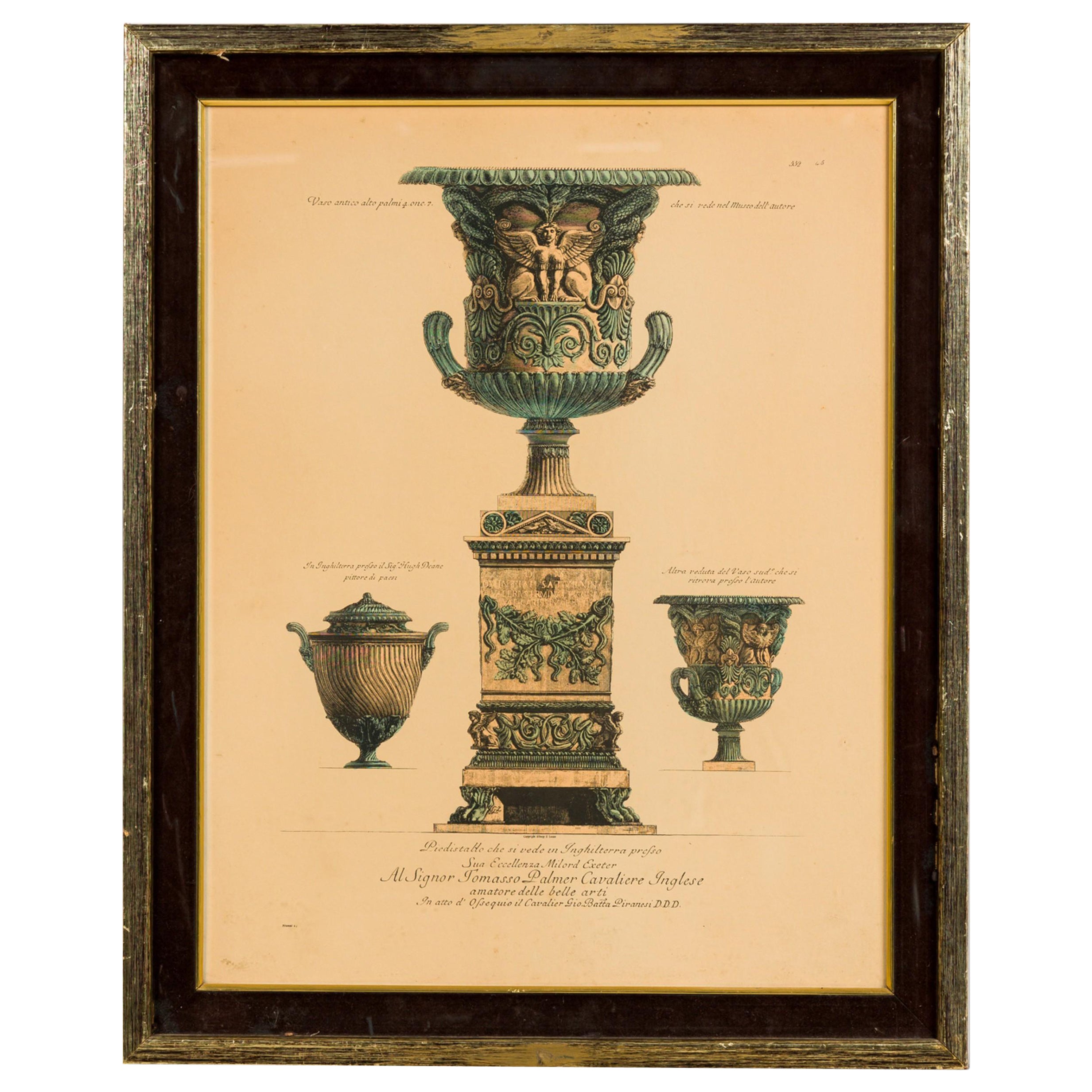 Stampa italiana neoclassica di 3 urne in vendita