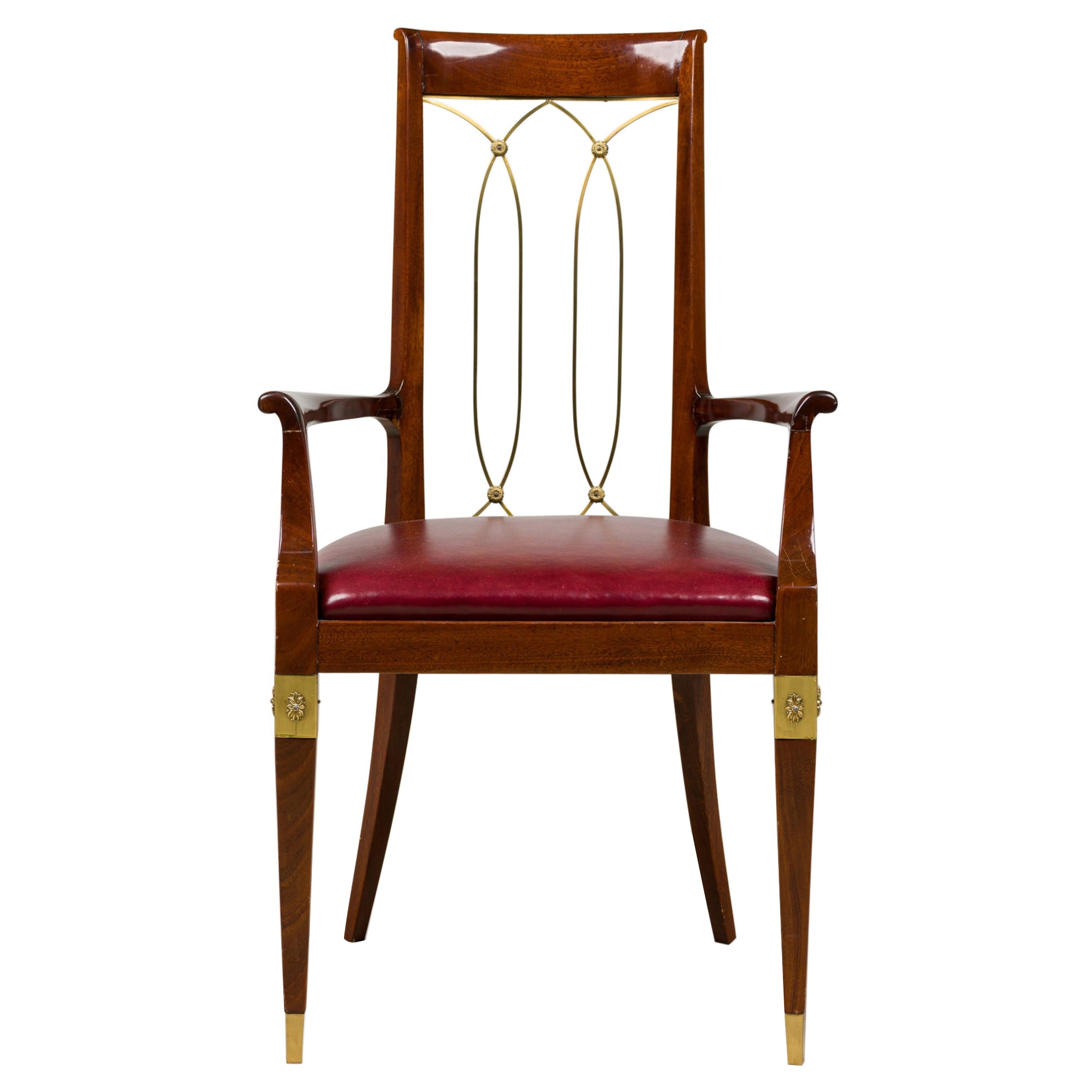 French Art-Deco Mahogany Brass Open Back Armchair