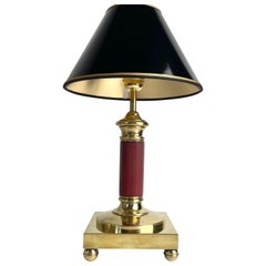 Antique Brass Table Lamp with Stained Red Glass Column, Late 1800s