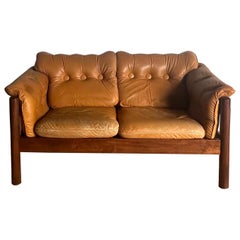 Danish Mid Century Two-Seater Wooden Frame Leather Sofa