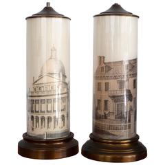 Pair of Table Lamps with State House and Hancock House, Boston