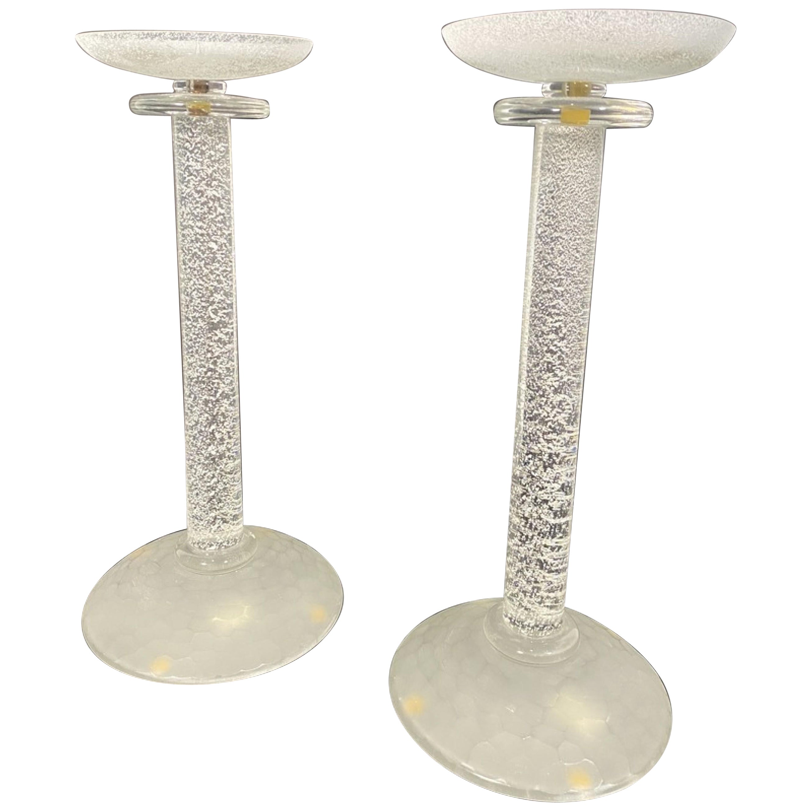 Coppia di candelabri in vetro trasparente del prototipo americano Karl Springer