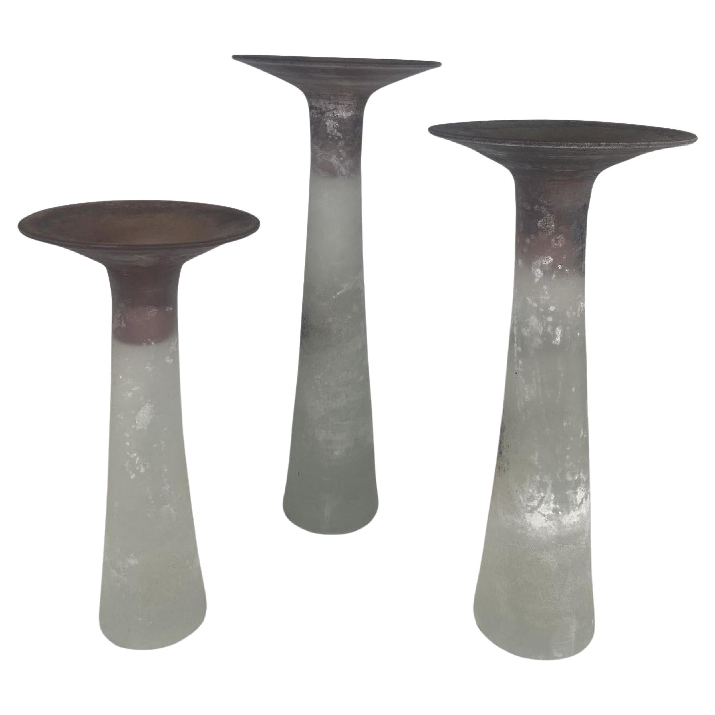 A Set of 3 Italian Modern "Scavo" Glass Candlesticks, Cenedese