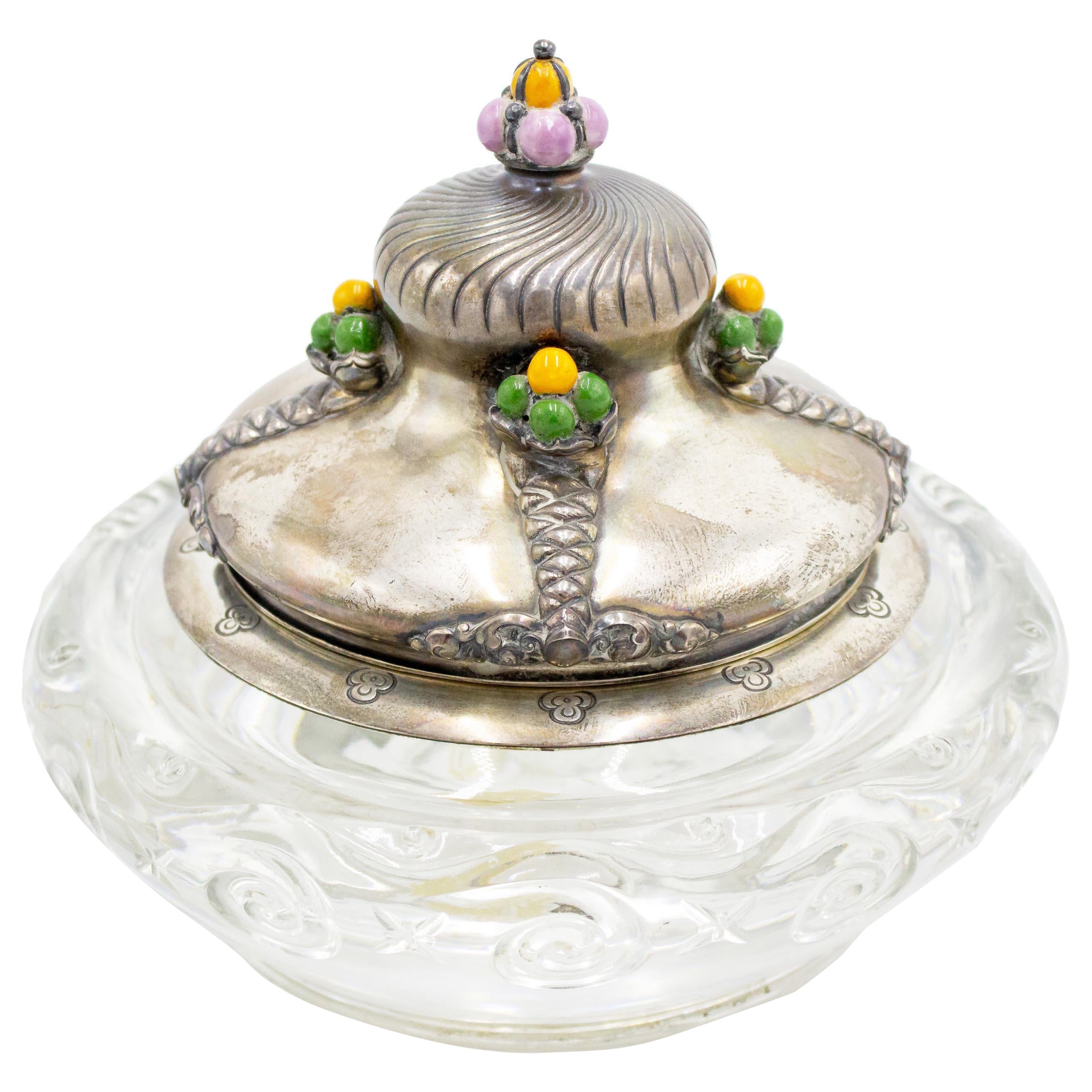 French Victorian Round Crystal and Silver Inkwell