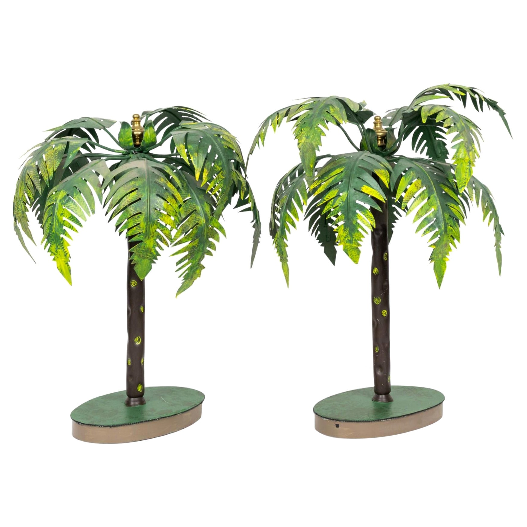 Pareja de esculturas vintage de palmeras bonsái asiáticas de tole verde