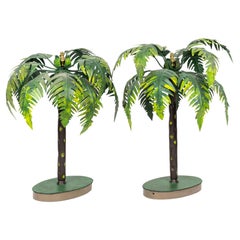 Pareja de esculturas vintage de palmeras bonsái asiáticas de tole verde
