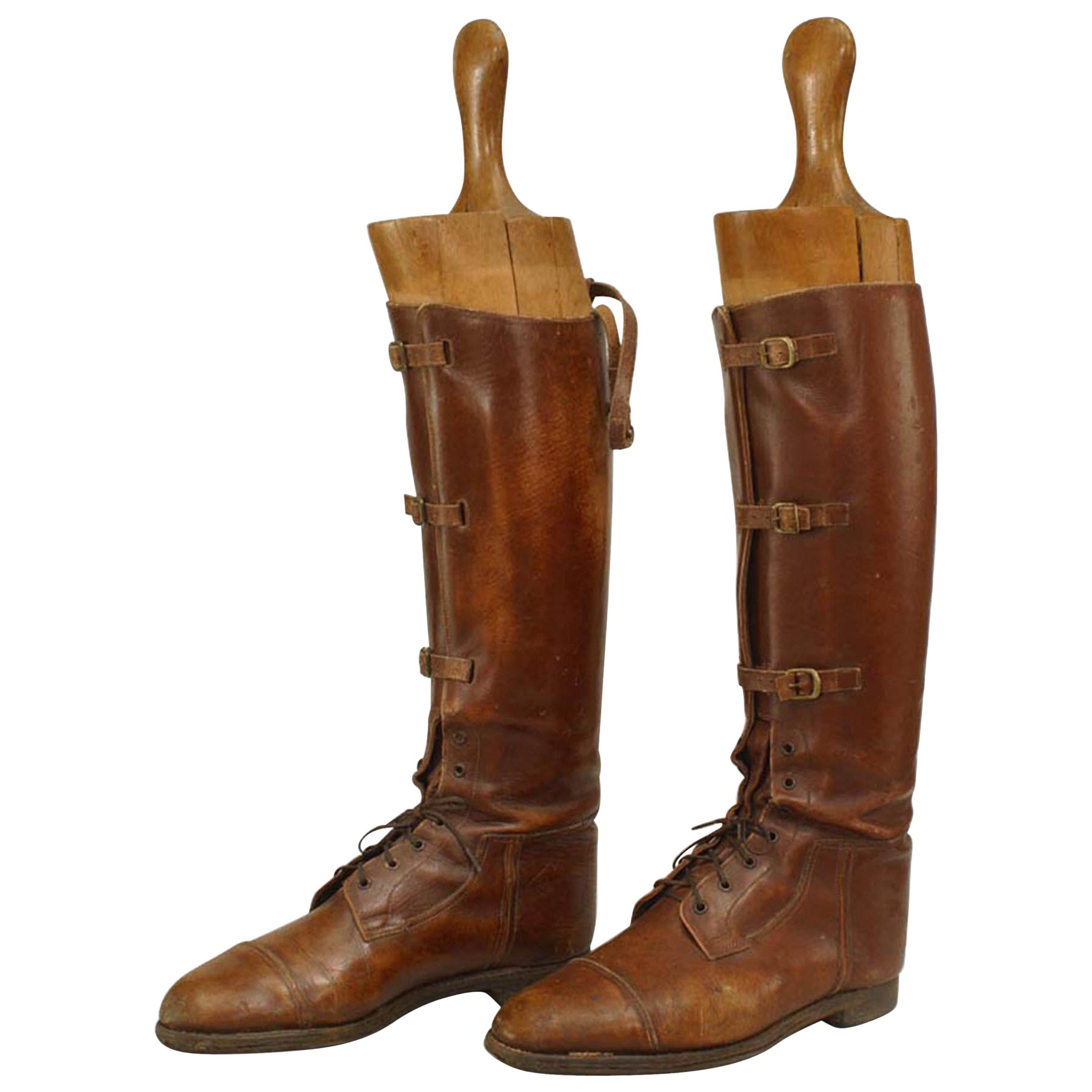 Pair of English Brown Leather Boots with Shoe Trees