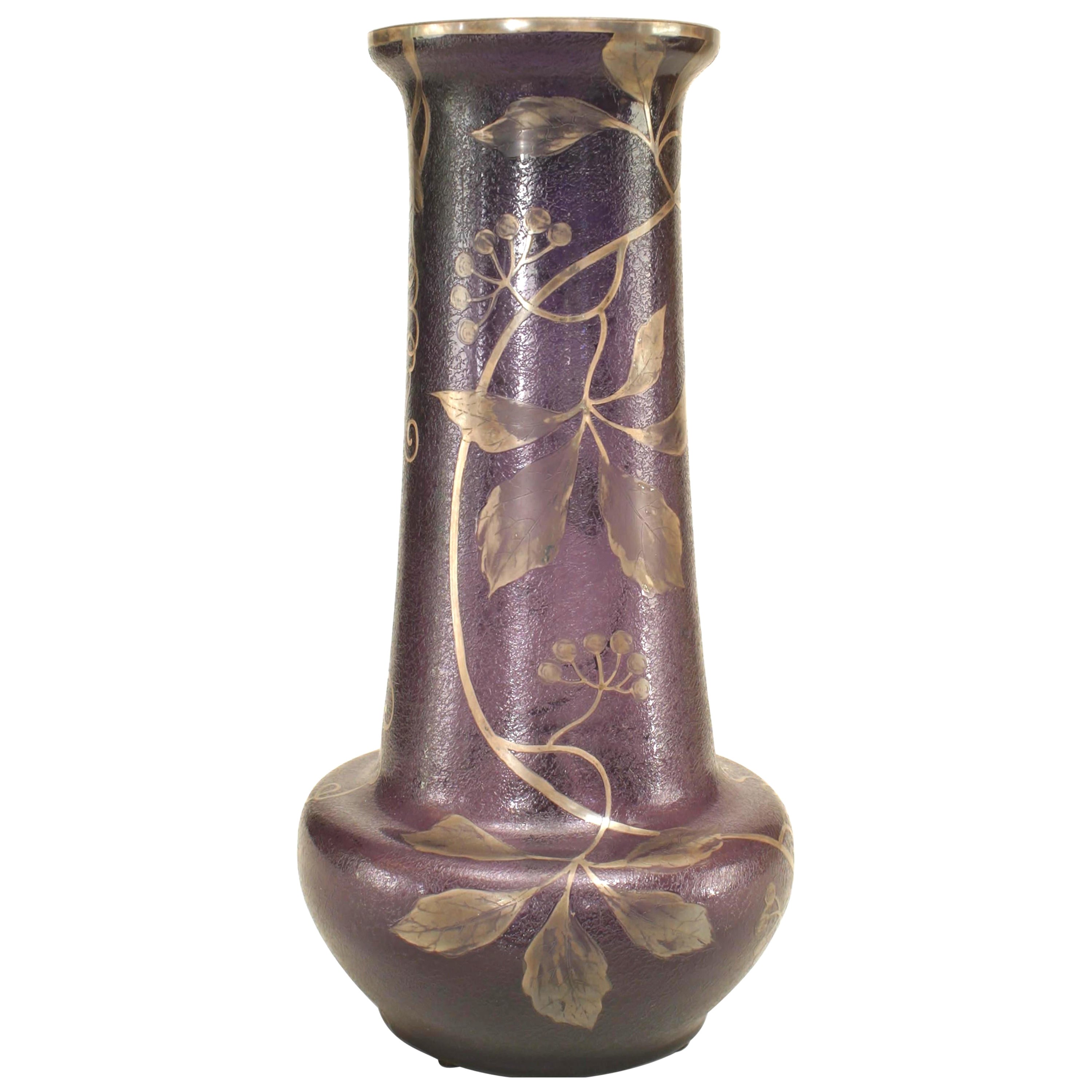 French Victorian Purple and Silver Glass Vase For Sale
