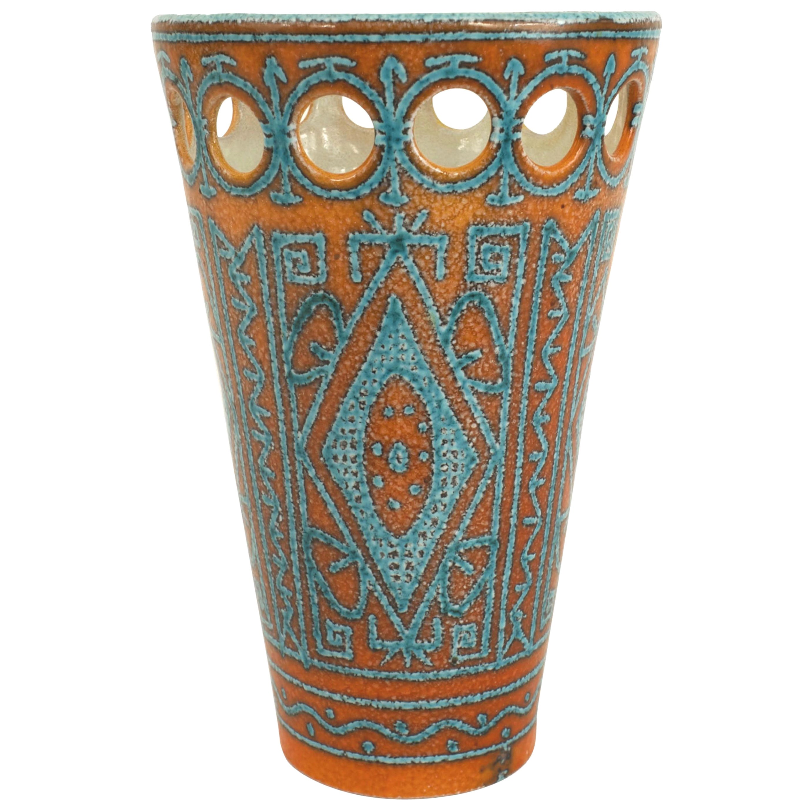Italian Mid-Century Orange and Turquoise Porcelain Vase