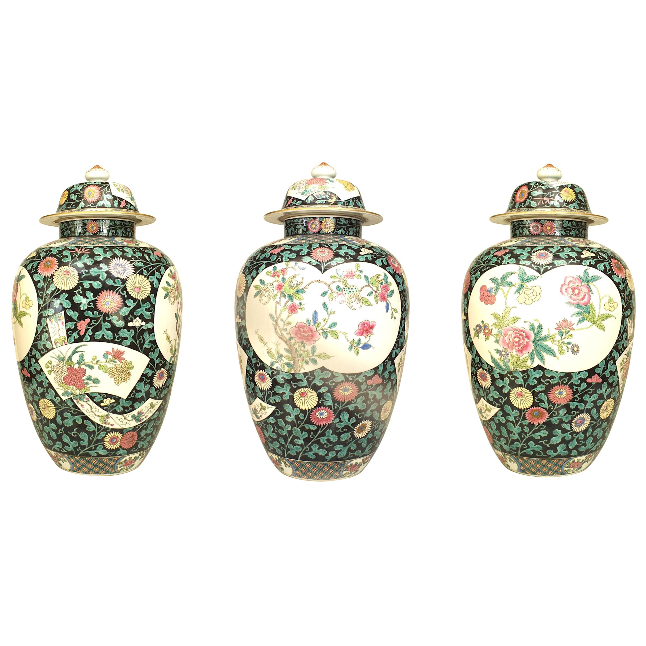 Juego de 3 Jarras de Templo de Porcelana Blanca y Negra de Estilo Chino