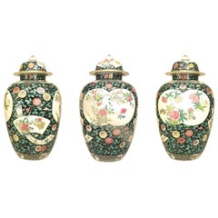 Antique Set of 3 Chinese Style Black and White Porcelain Temple Jars